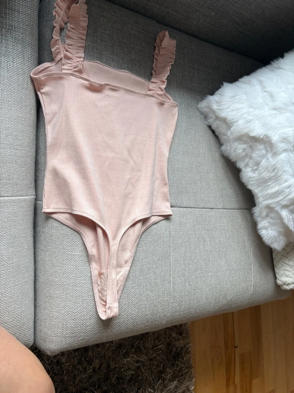 Sunday Best Soft Pink Ribbed One-Piece with Ruffle Straps - Picture 4 of 8